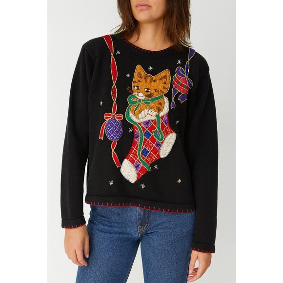 Vintage B.P. Design Christmas Cat Stocking Embroidered Sequin Sweater Size L - Picture 1 of 11